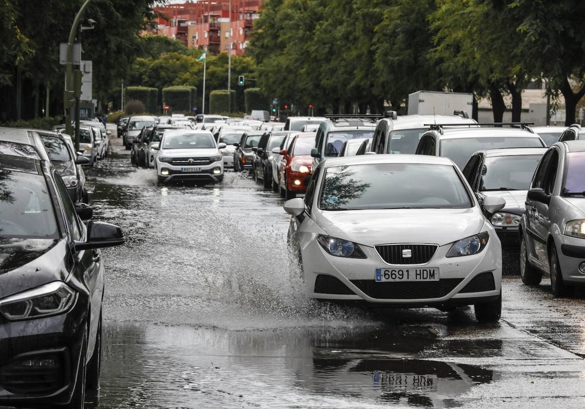 Varios vehículos circulan en un día lluvioso