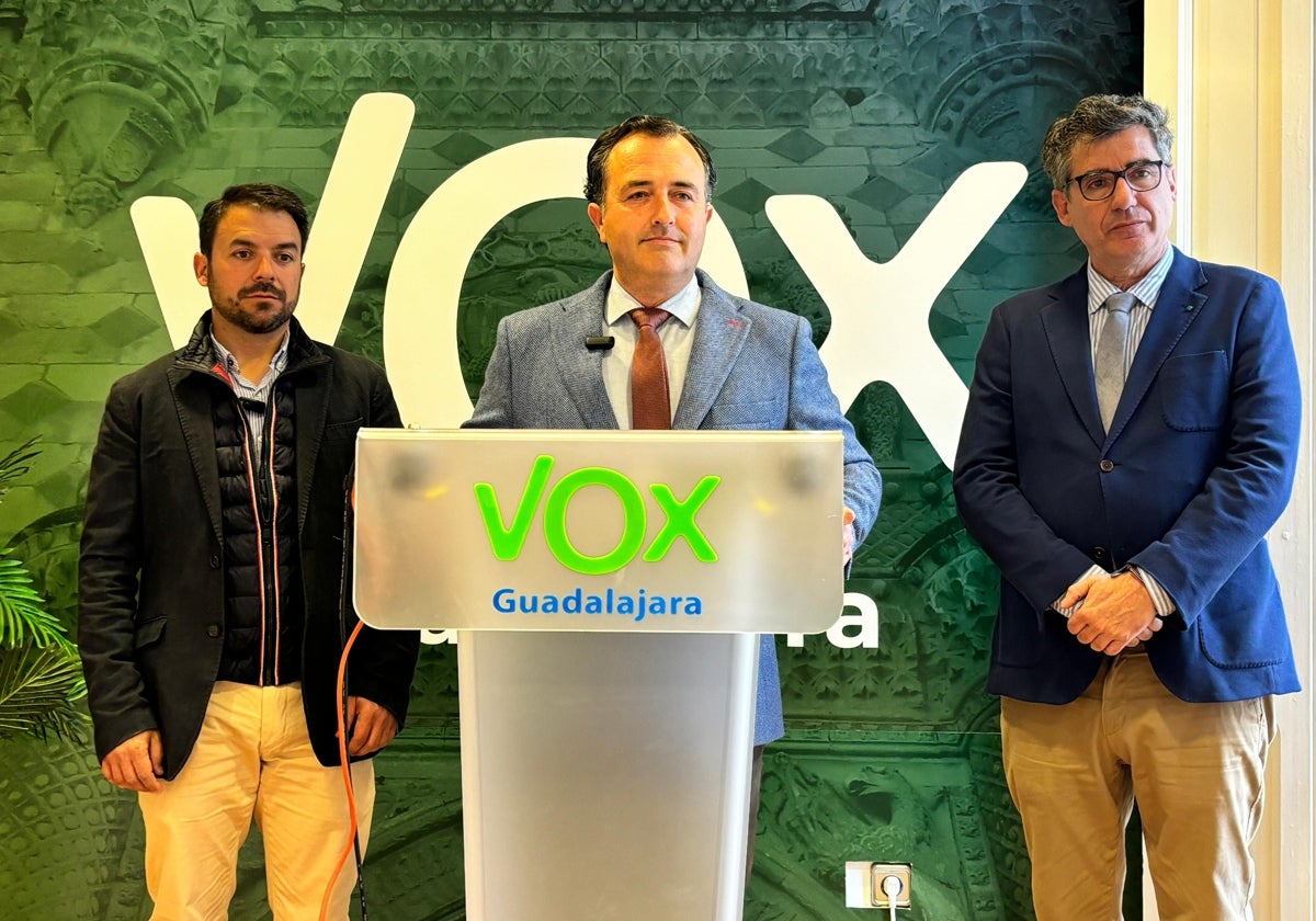 David Moreno, presidente del Grupo Parlamentario Vox en las Cortes de Castilla-La Mancha, acompañado de otros diputados