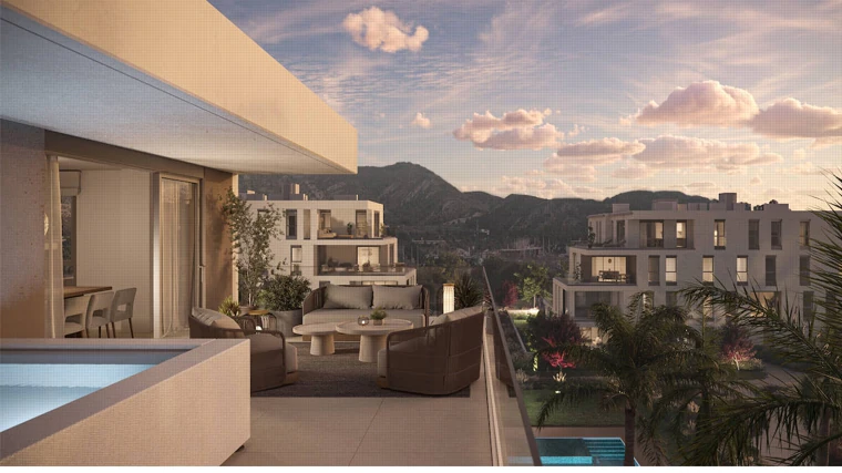 Terraza de uno de los áticos de Palmia, la primera promoción de AEDAS Homes en Castellón, en Benicasim.