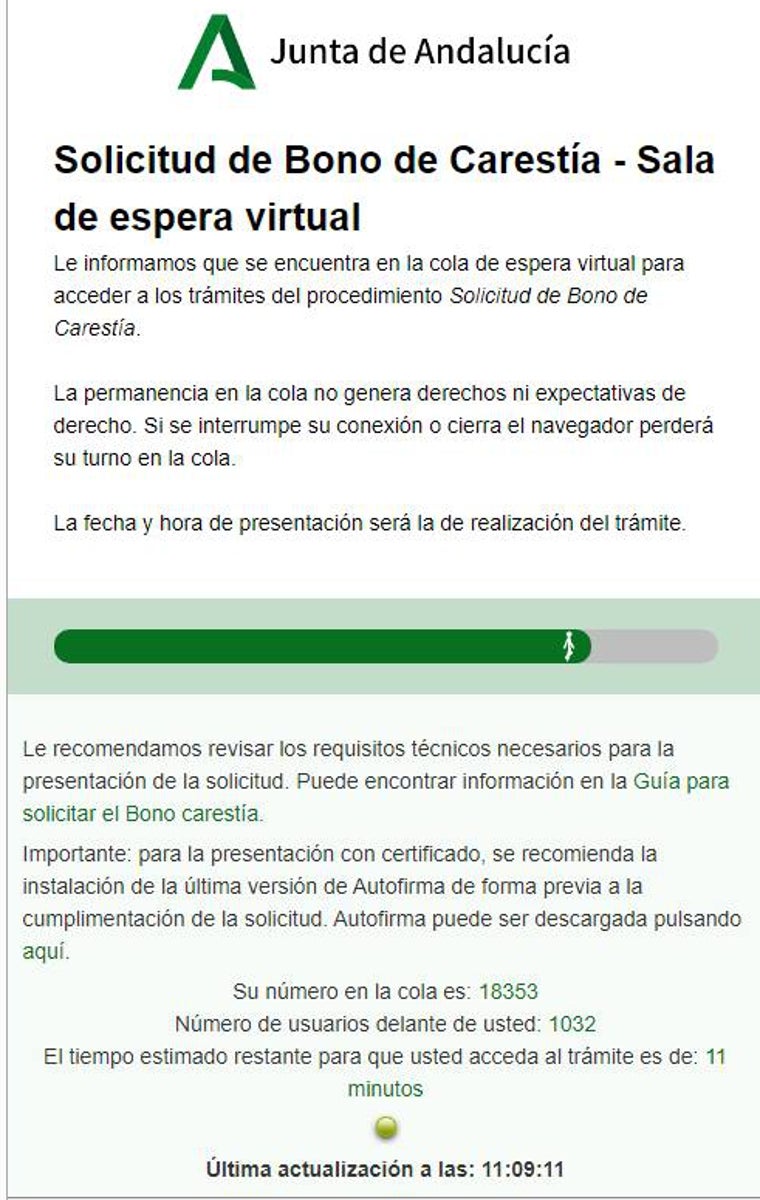 Captura de pantalla de acceso al trámite de solicitud del Bono Carestía