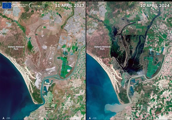 Así se ve Doñana antes y después de las últimas lluvias desde el espacio