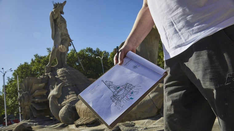 Uno de los bocetos del monumento al dios Neptuno, con algunas de las alteraciones de la piedra marcadas