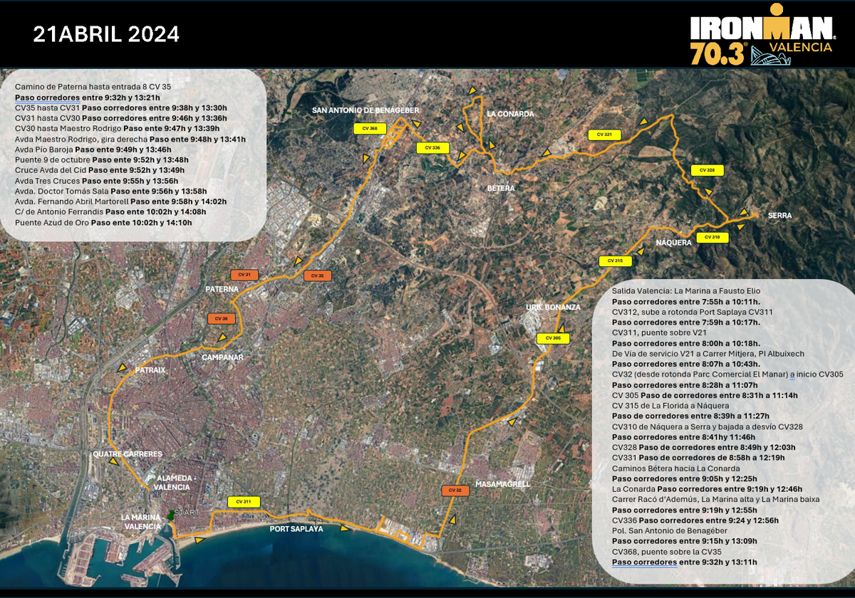 Mapa con el recorrido de la prueba Ironman 70.3 Valencia