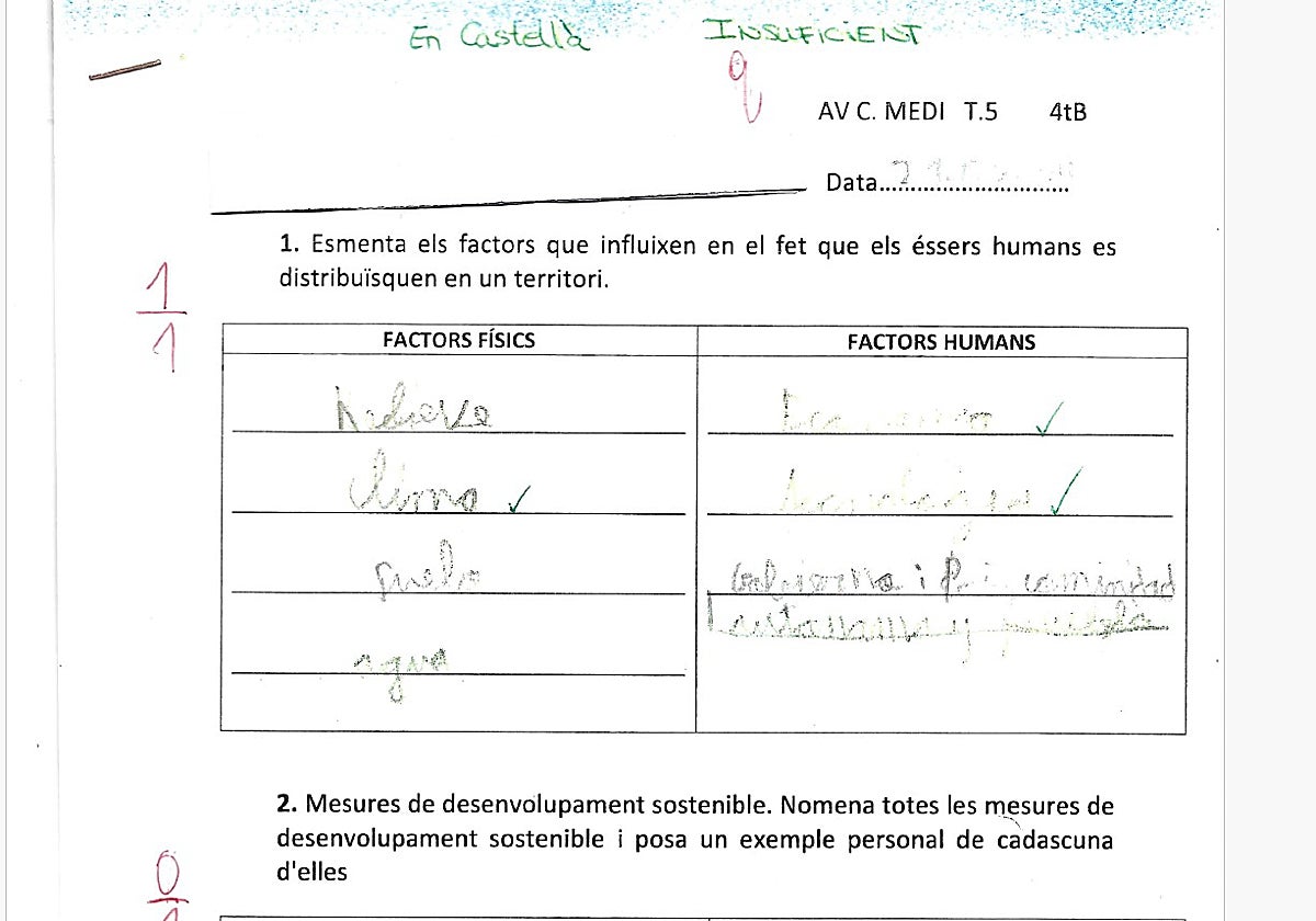 Examen suspendido con un 9 de nota y la anotación en rojo «en castellano, insuficiente».