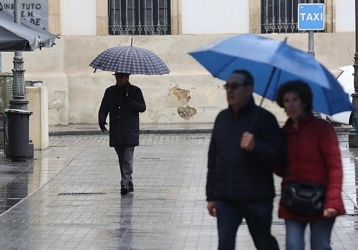 Varios viandantes bajo la lluvia por el centro de Córdoba