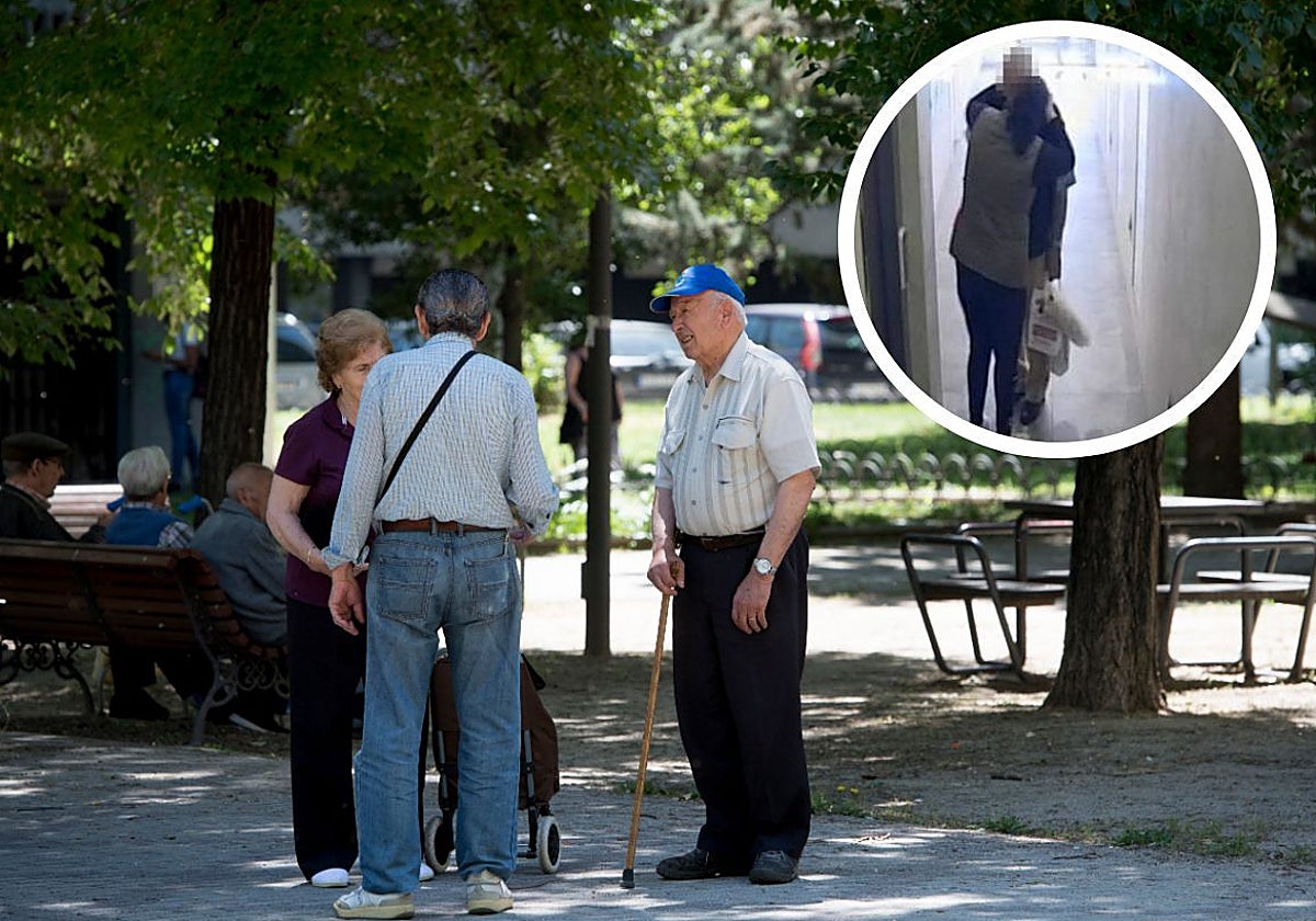 Un parque del barrio de Orcasitas, donde se han reportado casos en los últimos meses. En el círculo, el timo del abrazo cariñoso, en un portal de Aluche