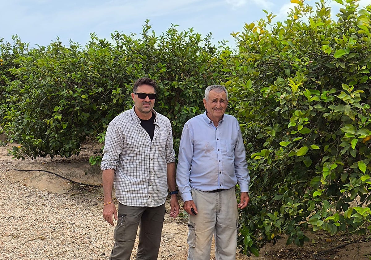 Víctor Sáez junto a otro agricultor afectado por las expropiaciones de tierras en San Miguel de Salinas, José Luis Lorente.
