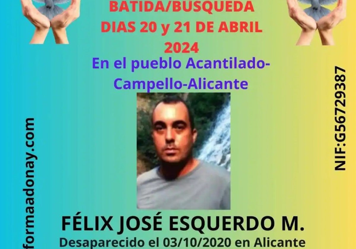 Imagen del desaparecido y cartel anunciador de la batida de este sábado difundida por la Plataforma Adonay, una de las participantes en la búsqueda.