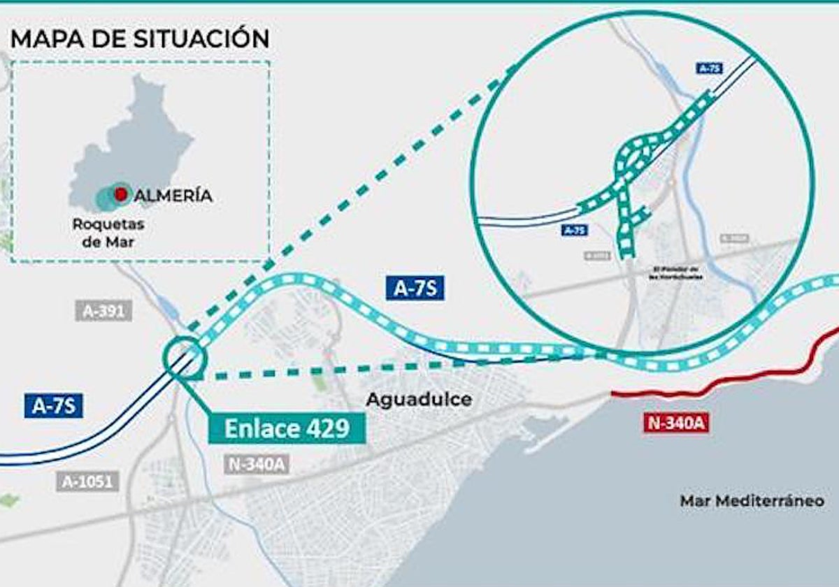 Mapa de situación de las obras que se acometerán en la A7 en Roquetas de Mar.