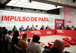 El presidente del Gobierno, Pedro Sánchez, rodeado de miembros del PSOE