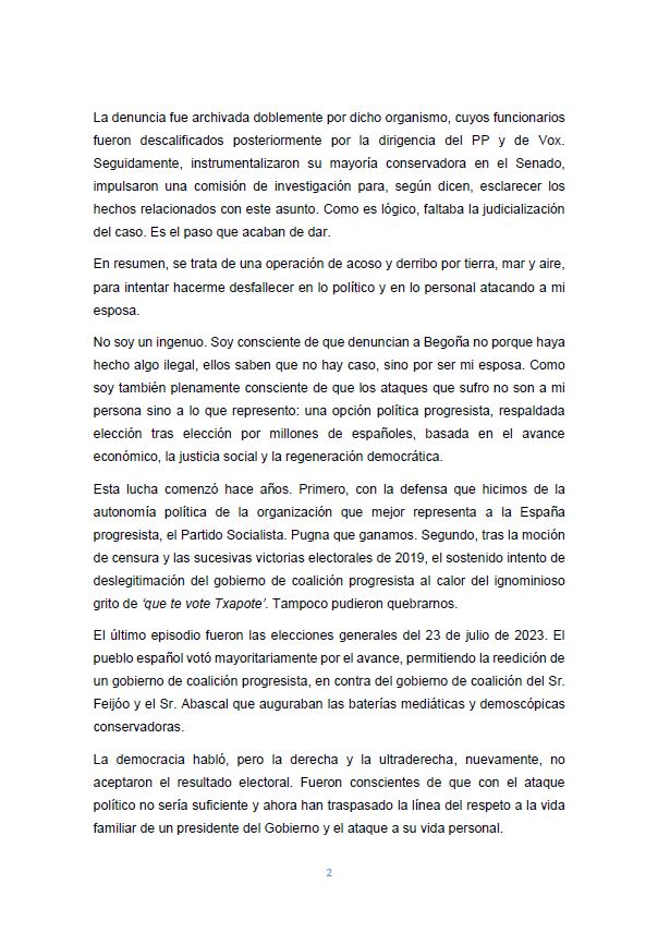 La carta de Pedro Sánchez en la que abre la puerta a su dimisión