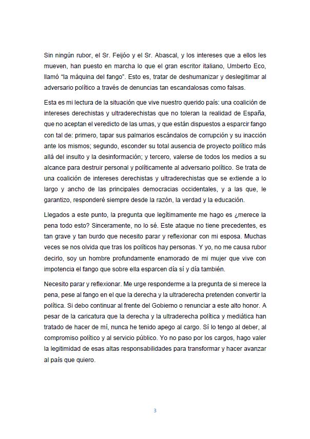 La carta de Pedro Sánchez en la que abre la puerta a su dimisión