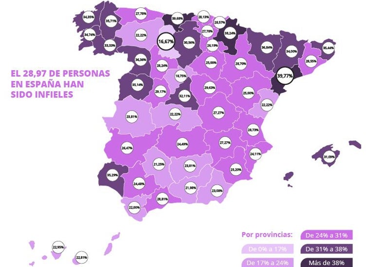 Mapa con los datos sobre infidelidades extraídos del estudio de hábitos sexuales