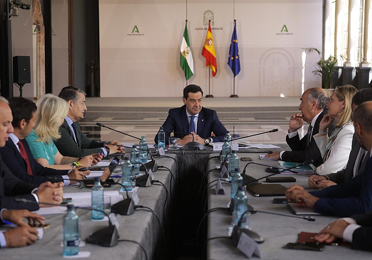 El presidente de la Junta, cargos del Gobierno autonómico y los alcaldes, en la reunión de este jueves en San Telmo
