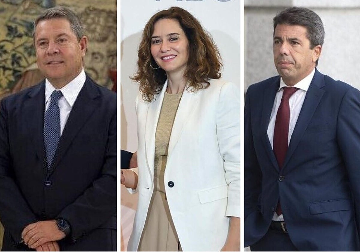 Los presidentes autonómicos Emiliano García-Page, Isabel Díaz Ayuso y Carlos Mazón.