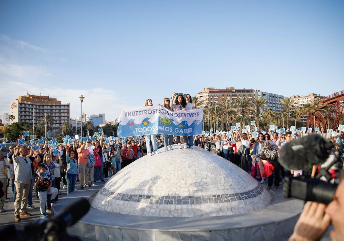 La madre de Gabriel, junto a otras personas, ha subido al monumento de su hijo.