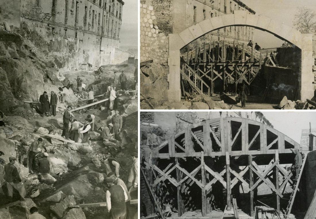 Apertura en plena roca de una nueva calle con túnel desde la explanada del Picadero a la cuesta de Cervantes. A la derecha la cimbra y la embocadura del túnel en 1946. 'Álbum de obras del Alcázar'. Archivo Municipal de Toledo