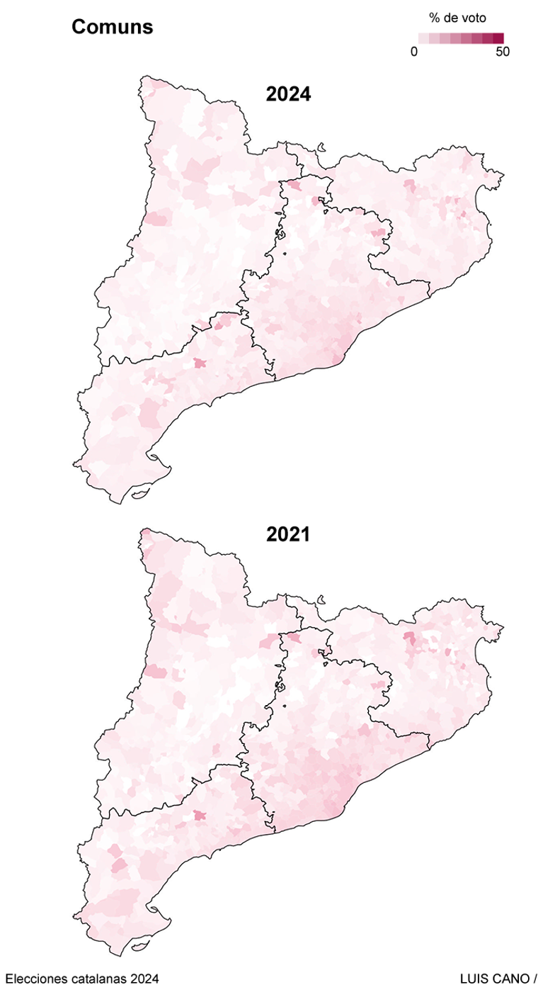 Comparativa de resultado de Comuns Sumar con En Comú Podem