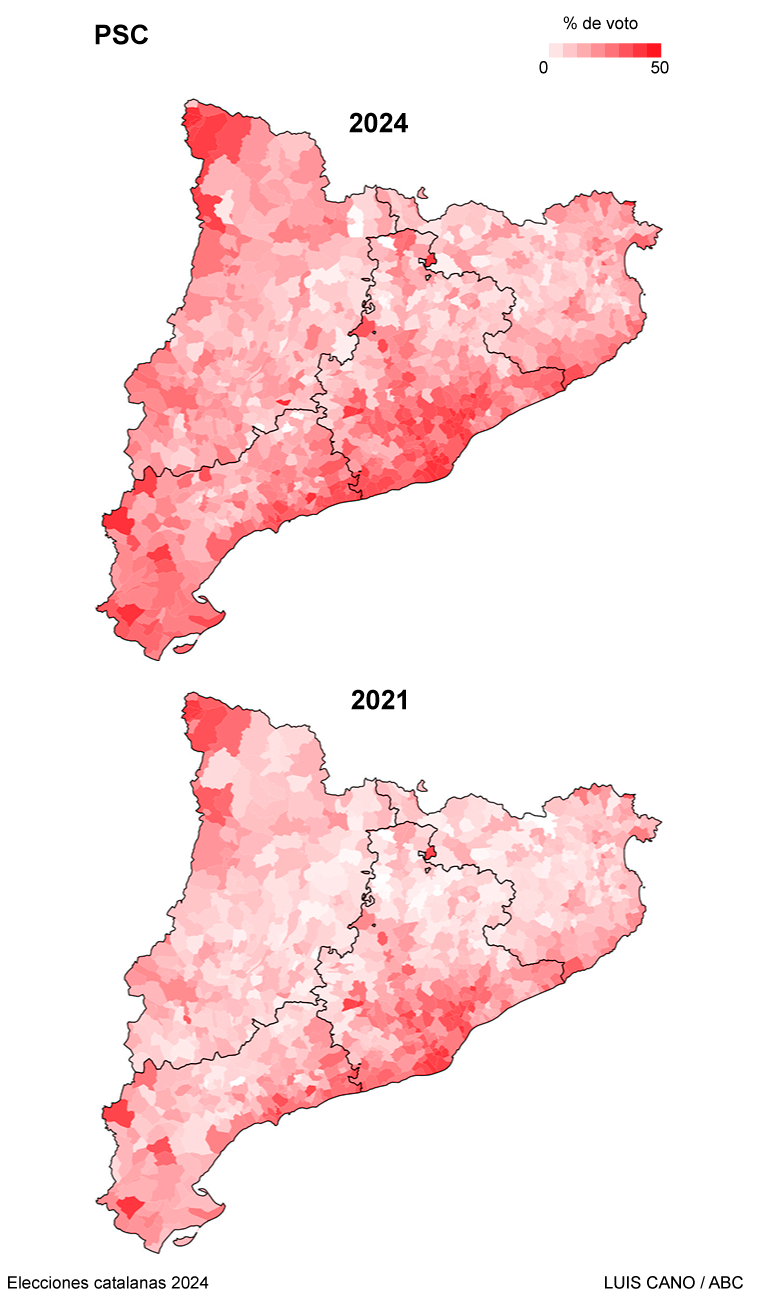 Resultado del PSOE en las elecciones al Parlamento de Cataluña en 2021 y 2024