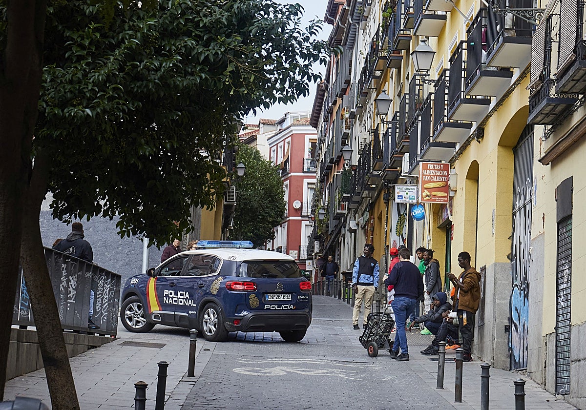 Un coche de la Policía Nacional, en el barrio de Lavapiés