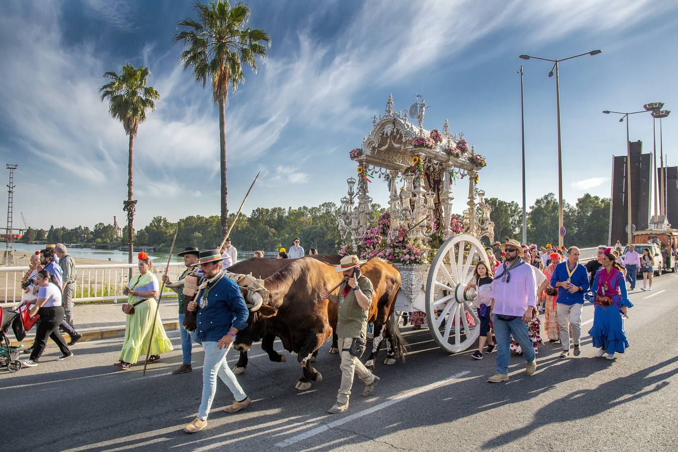 La hermandad del Rocío de Sevilla Sur durante su llegada a Sevilla