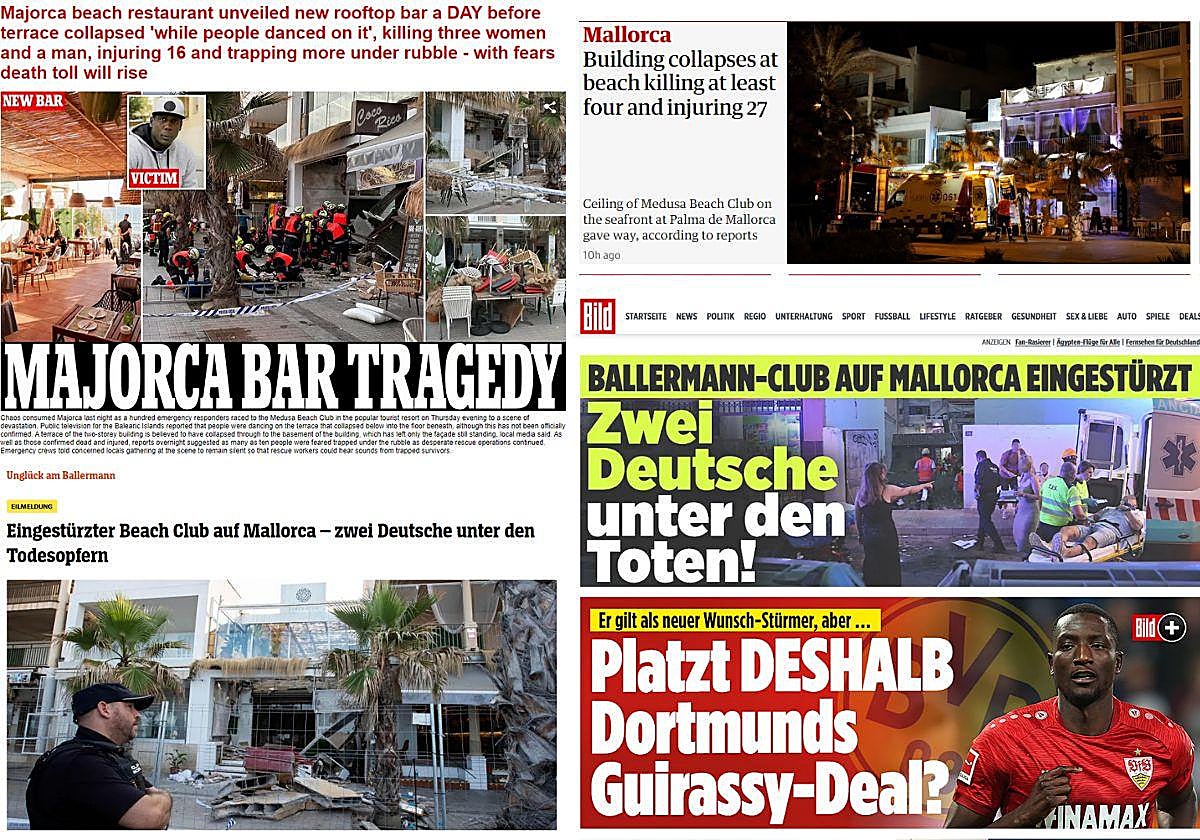 Portadas de varios medios británicos y alemanes en sus ediciones digitales sobre la tragedia de Mallorca