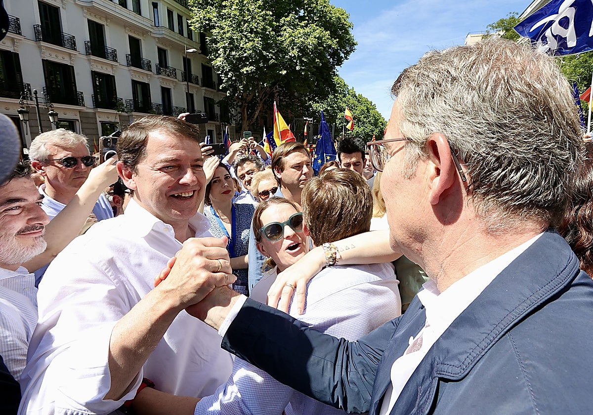 Alfonso Fernández Mañueco, con Alberto Núñez Feijóo, este domingo en la movilización convocada por el PP en Madrid
