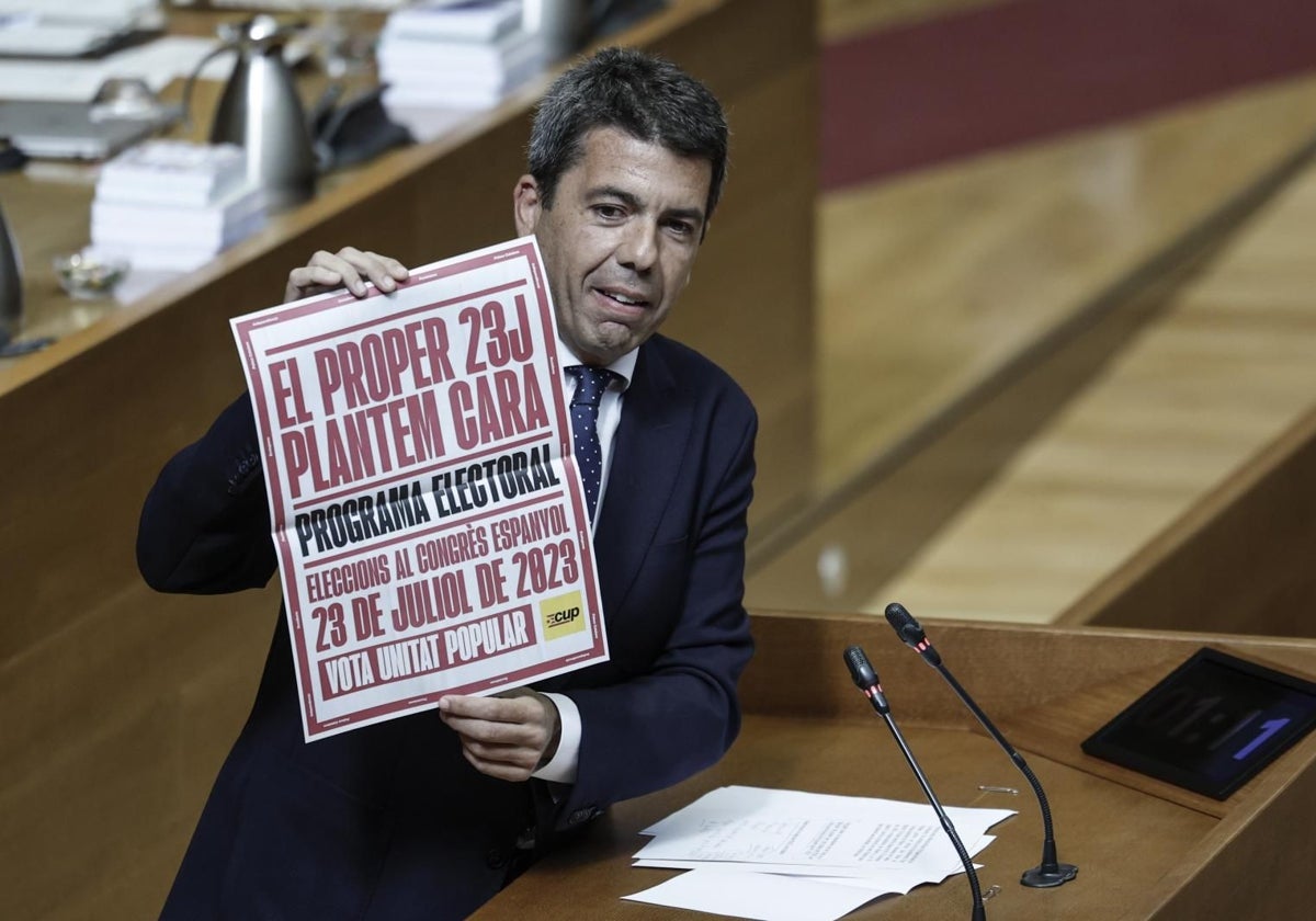 El presidente de la Generalitat, Carlos Mazón, muestra un cartel de la CUP durante el pleno de las Cortes Valencianas