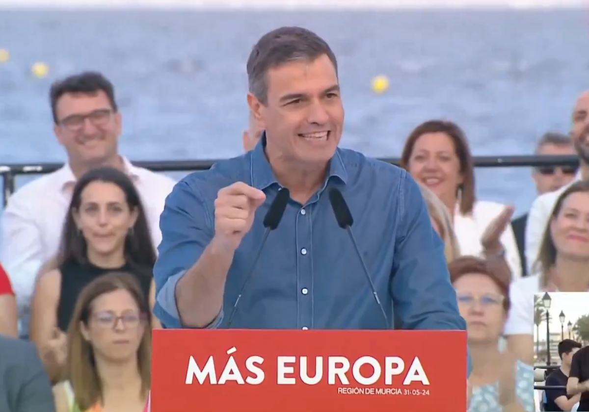 El presidente del Gobierno, Pedro Sánchez, durante un mitin en Murcia