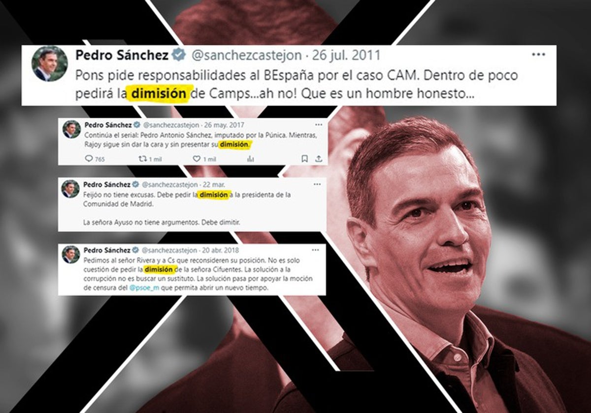 Ilustración de Pedro Sánchez y algunos de sus 'tuits' exigiendo dimisiones a la oposición