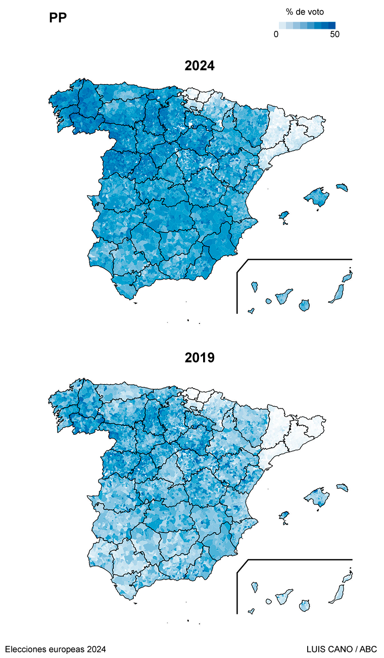 Comparación de los resultados del PP en las Europeas de 2019 y 2024