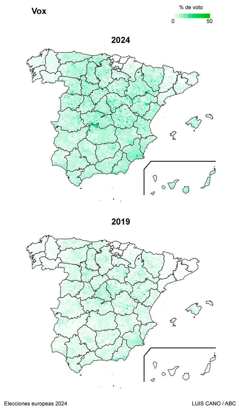 Resultado de Vox en las elecciones europeas de 2019 y 2024