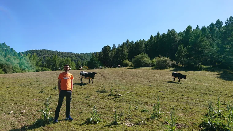 El joven alcalde de Chequilla, Miguel Latorre, en uno de los prados próximos al pueblo donde pacen las vacas