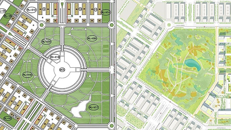 La manzana contemplada en el Plan Parcial de El Cañaveral, antes y después de su modificación en un gran parque