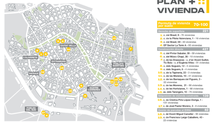 Mapa con las nuevas 954 viviendas que quiere construir el Ayuntamiento de Valencia