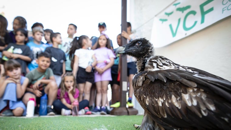 El animal, que está ciego, delante de un grupo de escolares