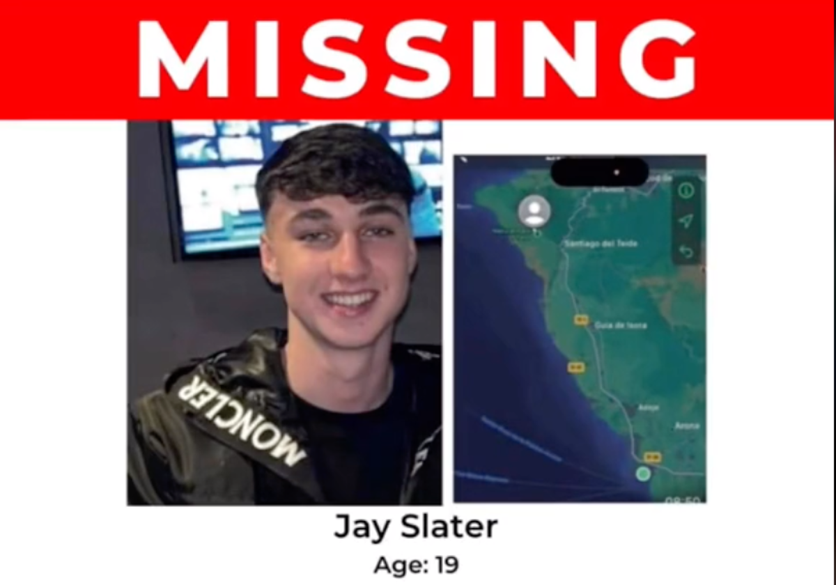 Cartel de alerta y  última localización conocida de Jay Slater que han compartido los medios británicos