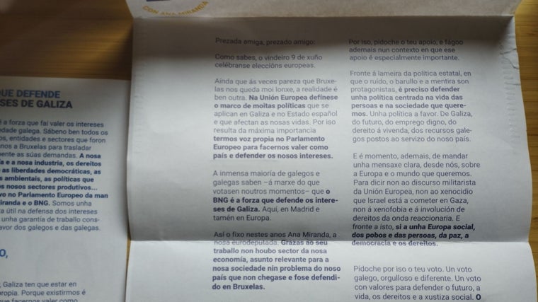 Carta de Ana Pontón que acompañaba al folleto y la papeleta