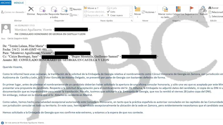 El correo enviado a Koldo García sobre la gestión del consulado honorífico