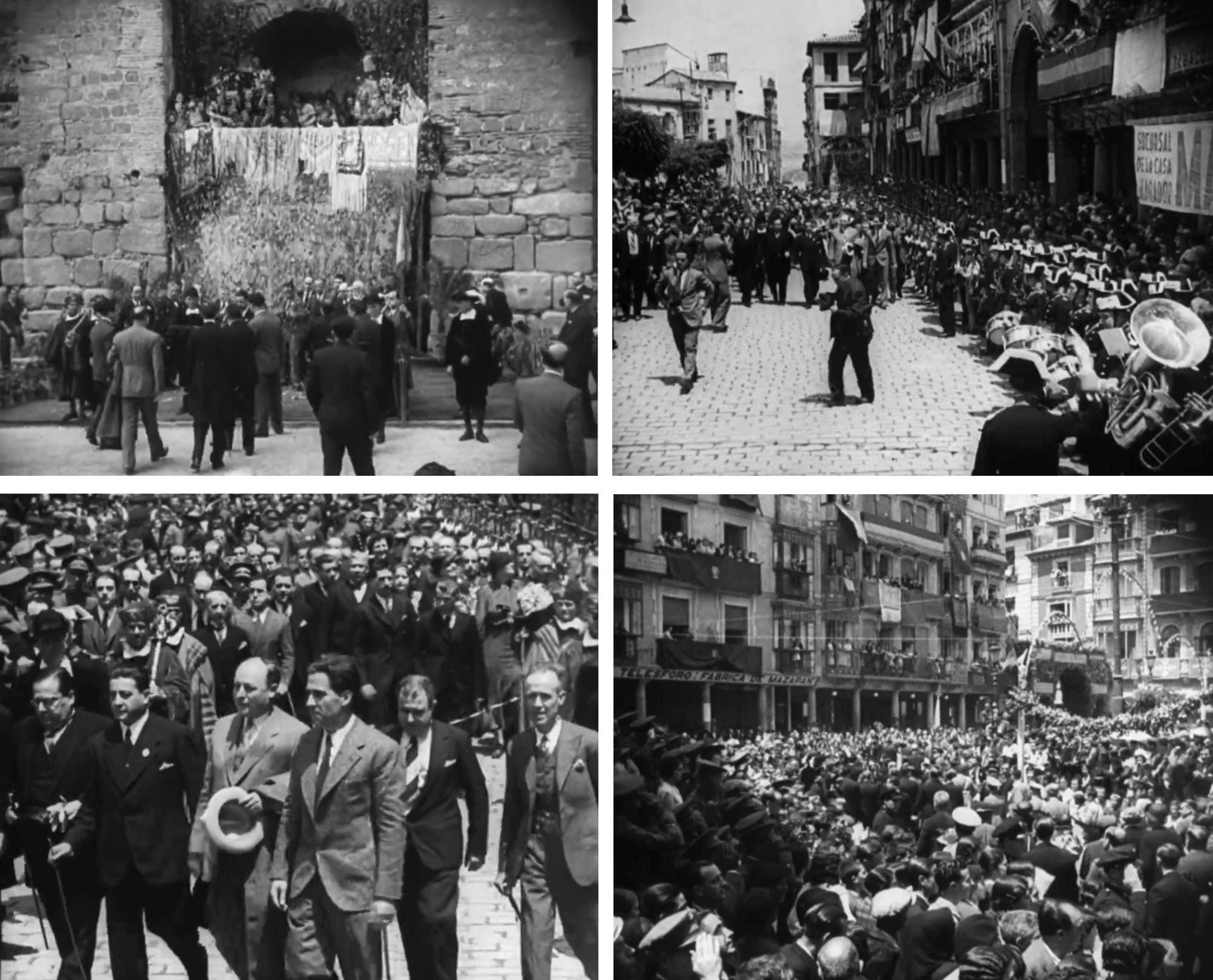 Fotogramas del reportaje filmado el 30 de mayo de 1934 que conserva la Universidad de California de los Ángeles de la Hearst Metrotone Newsreel Library. En sentido de las agujas del reloj. Encuentro del Ayuntamiento de Toledo con la comisión de Ohio en la puerta de Alcántara. Llegada de la comitiva a Zocodover, la multitud congregada en la plaza y la cabecera de autoridades. En esta última, de izquierda a derecha, el gobernador civil, el alcalde de Toledo, el 'vice-mayor' de Toledo de Ohio con sombrero y, a su lado José Sainz, intérprete de la Oficina de Turismo