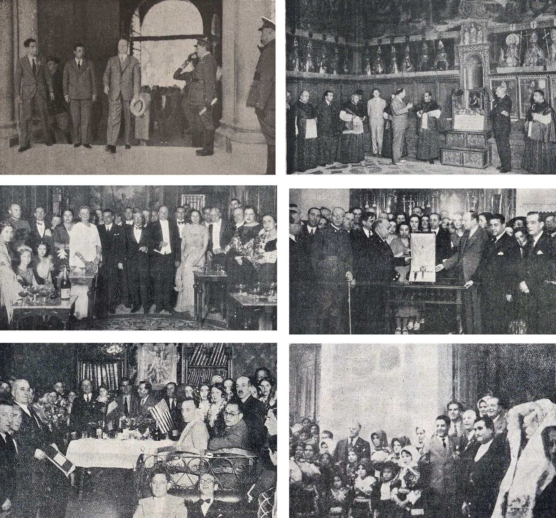 Algunas visitas realizadas por el Comité de Relaciones de Toledo de Ohio. De arriba abajo y de izquierda a derecha. Entrada en el patio del Alcázar. Recibimiento en la Sala Capitular de la Catedral. Velada y baile en el Casino. Recepción en la Fábrica de Armas. Banquete en el Ayuntamiento de Talavera y estancia en Lagartera. 'Toledanos. Revista mensual de la vida toledana'. Archivo Municipal de Toledo