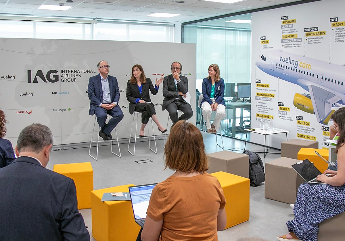 De izquierda a derecha, Luis Gallego, CEO de IAG; Carolina Martinoli, presidenta y CEO de Vueling; y Fernando Candela, CEO de Leve, durante la presentación del estudio