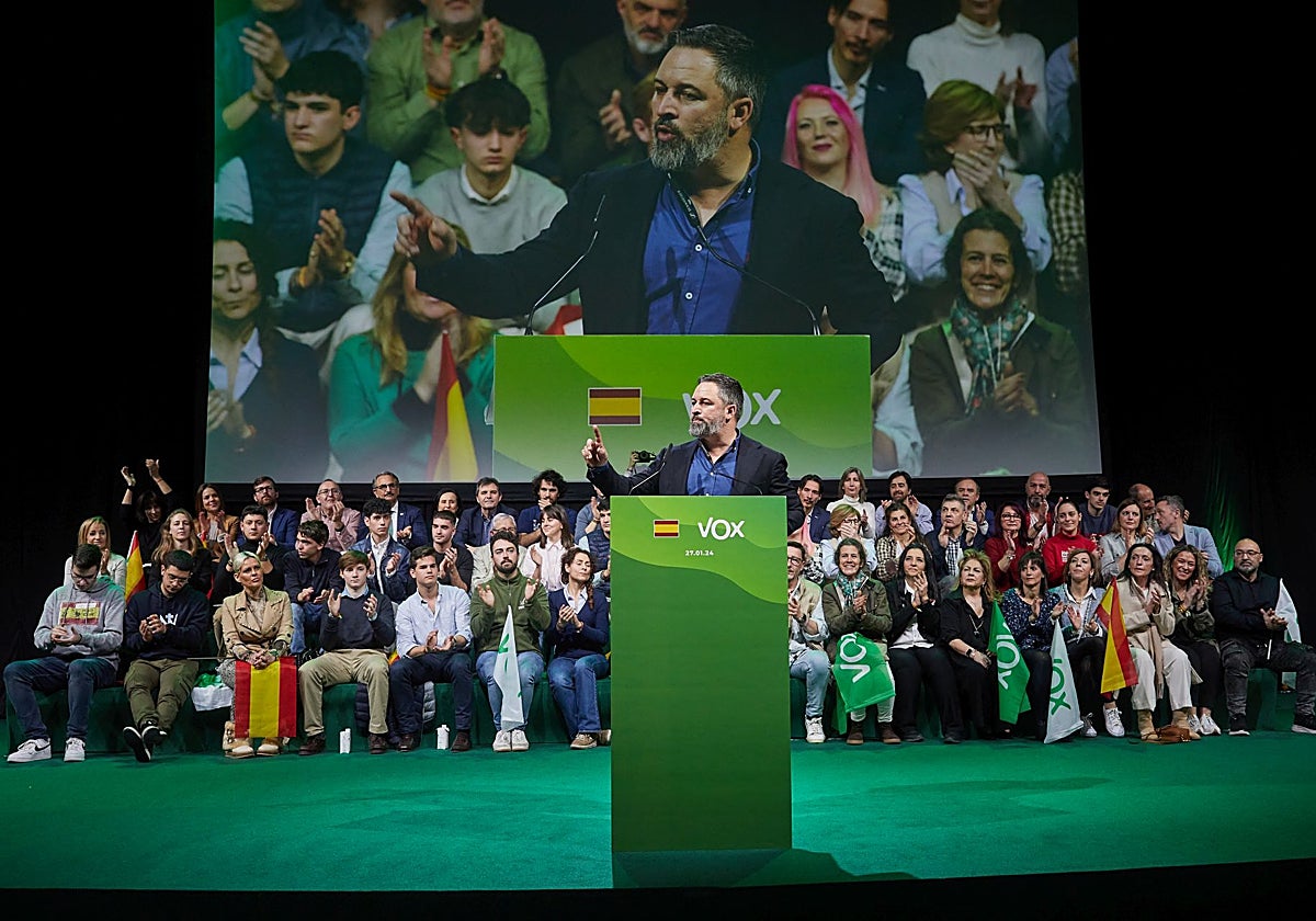 Santiago Abascal en la Asamblea extraordinaria de enero en la que fue reelegido líder de Vox