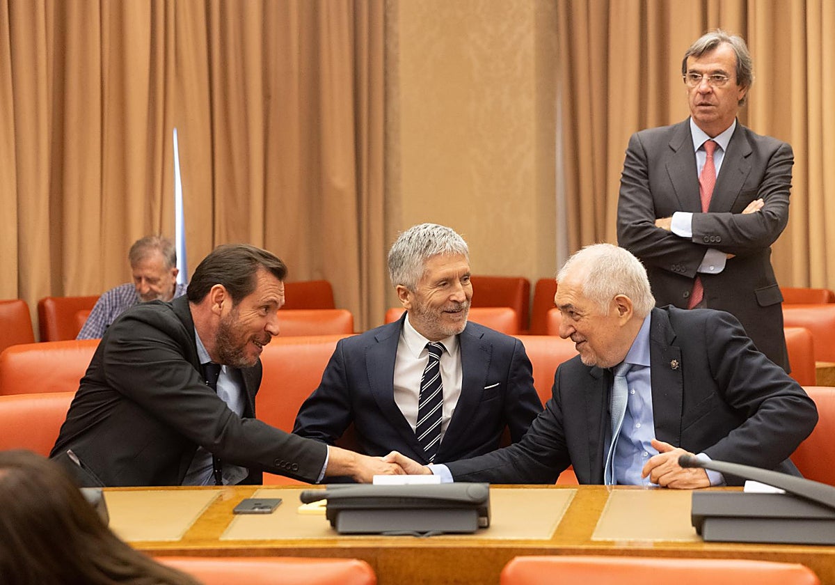 Los ministros de Transportes e Interior, Óscar Puente y Fernando Grande-Marlaska, junto al presidente del Tribunal Constitucional, Cándido Conde-Pumpido, este jueves en el acto de homenaje a las víctimas en el Congreso,