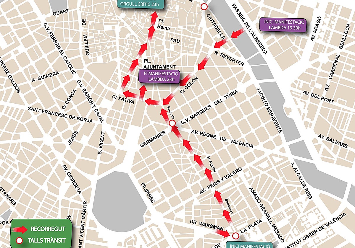 Mapa de las manifestaciones por el Orgullo en Valencia