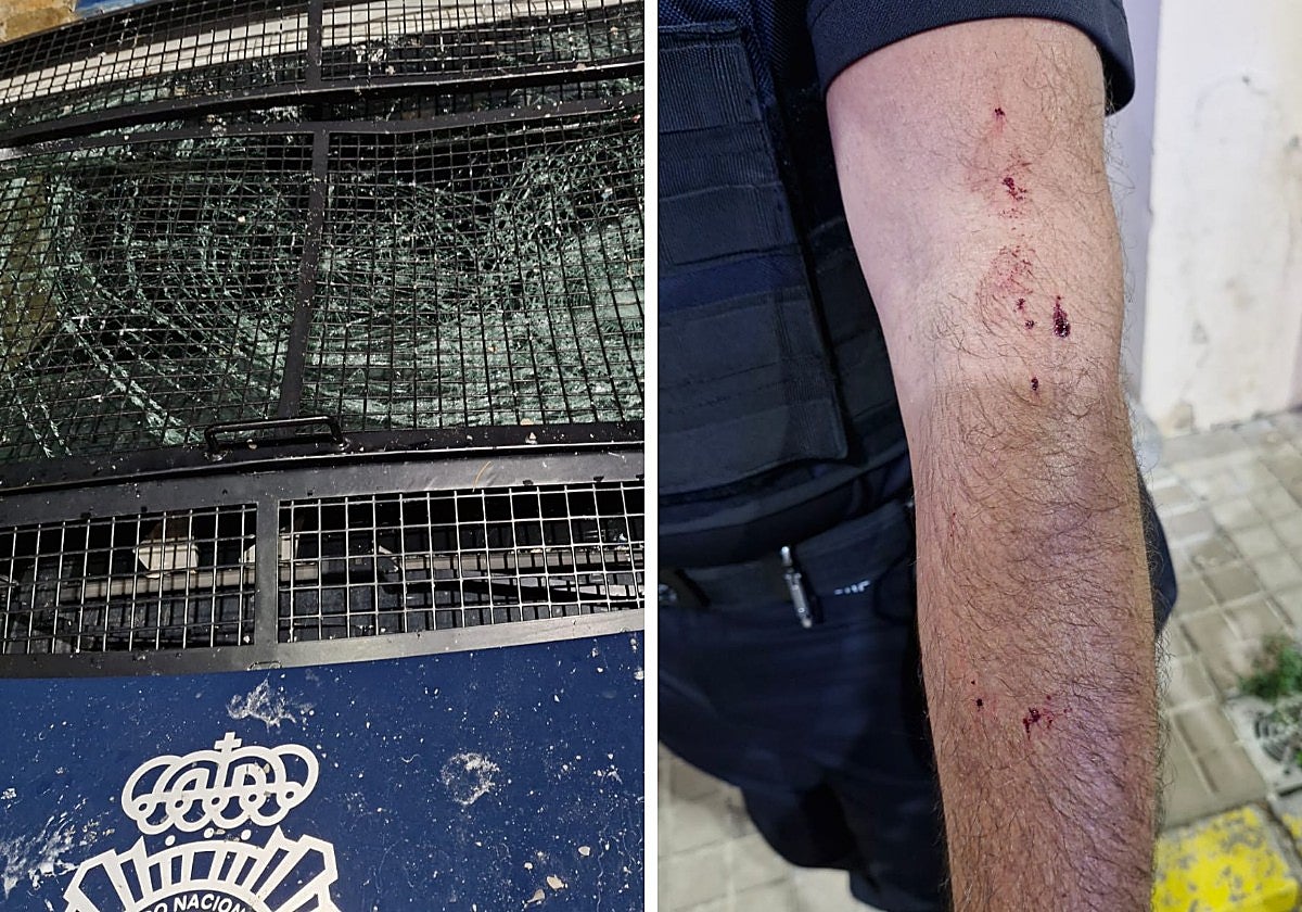 Furgón policial dañado y cortes en el brazo de uno de los agentes