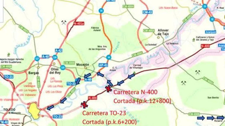 Mapa del desvío del tráfico de entrada a Toledo