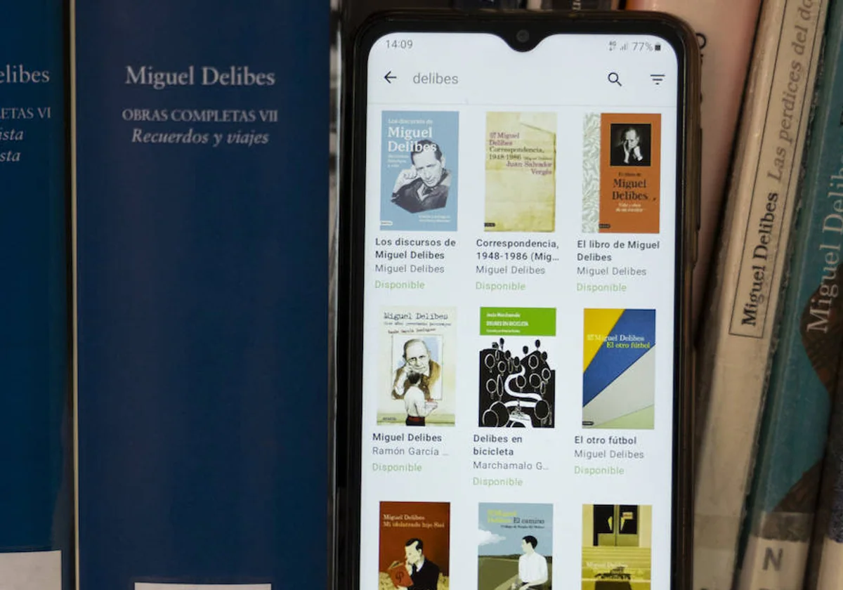 Aplicación móvil de eBiblio con una búsqueda de libros de Delibes