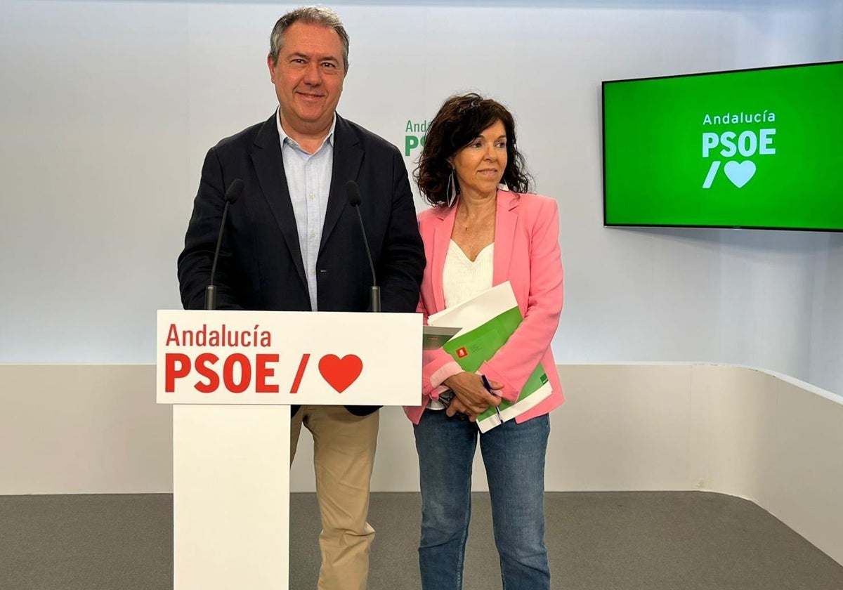 El secretario general del PSOE-A, Juan Espadas, y la portavoz en Sanidad, María Ángeles Prieto, este lunes en rueda de prensa