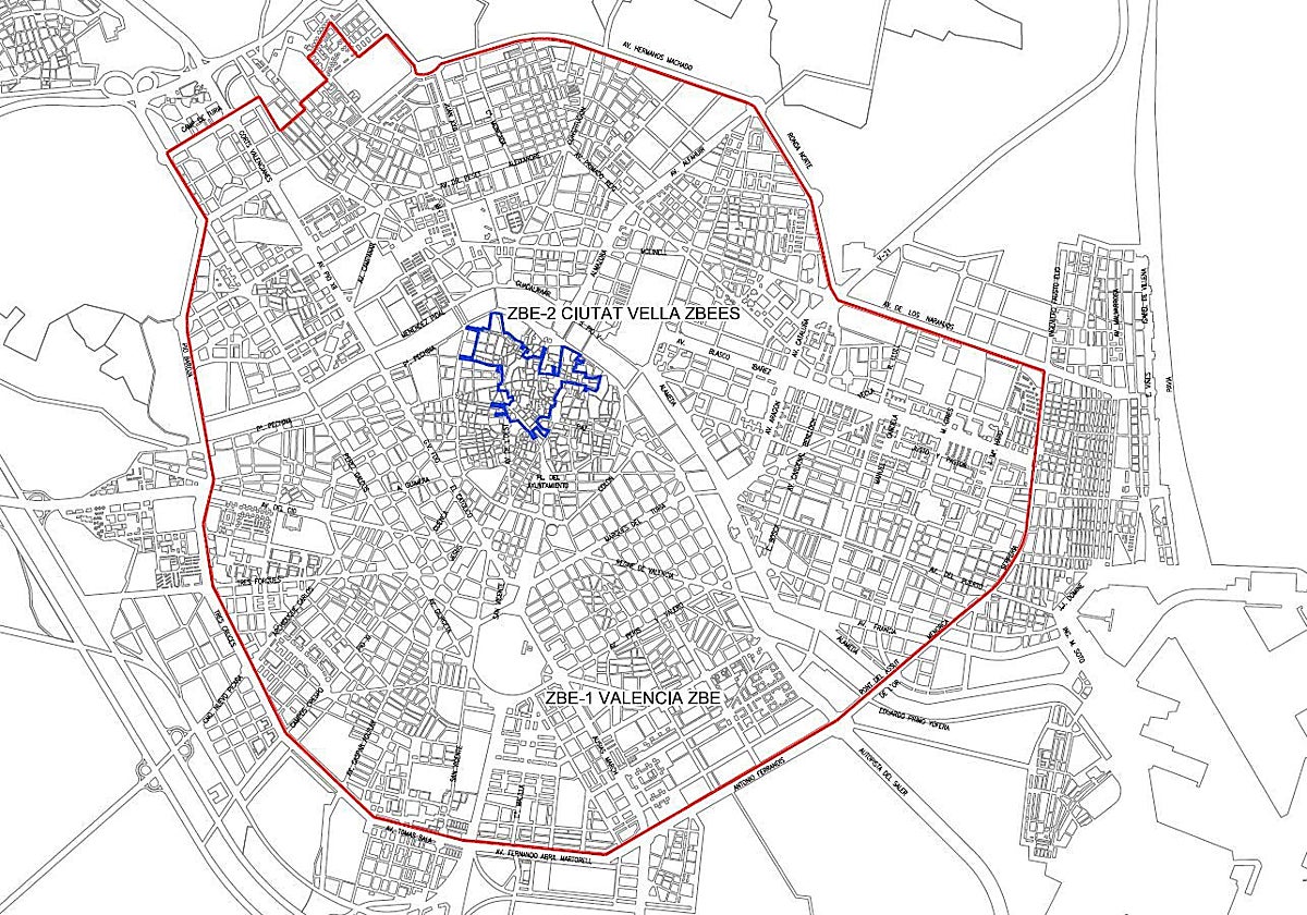 Mapa con las dos Zonas de Bajas Emisiones (ZBE) proyectadas en Valencia